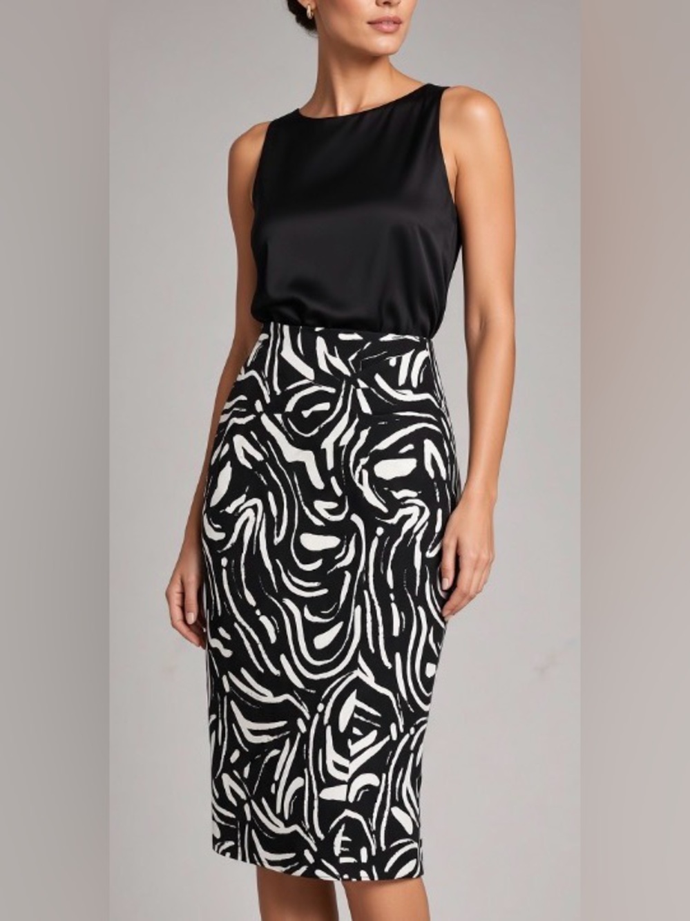 Nine West Abstract Zebra Print Black/White Side Ruched Crepey Midi Skirt: Medium